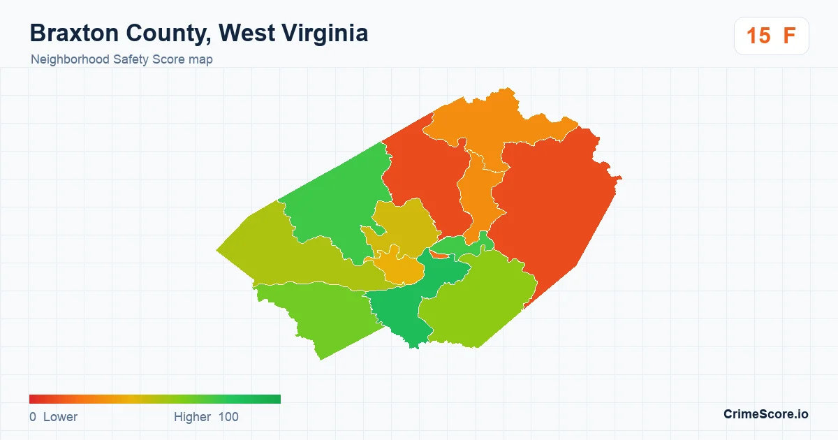 Braxton County, West Virginia neighborhood Safety Score map by Census block group