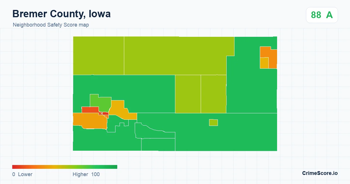 Bremer County, Iowa neighborhood Safety Score map by Census block group
