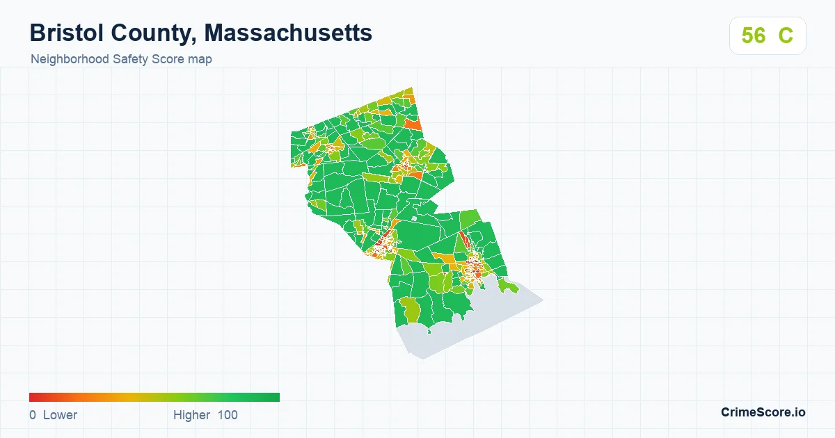 Bristol County, Massachusetts neighborhood Safety Score map by Census block group