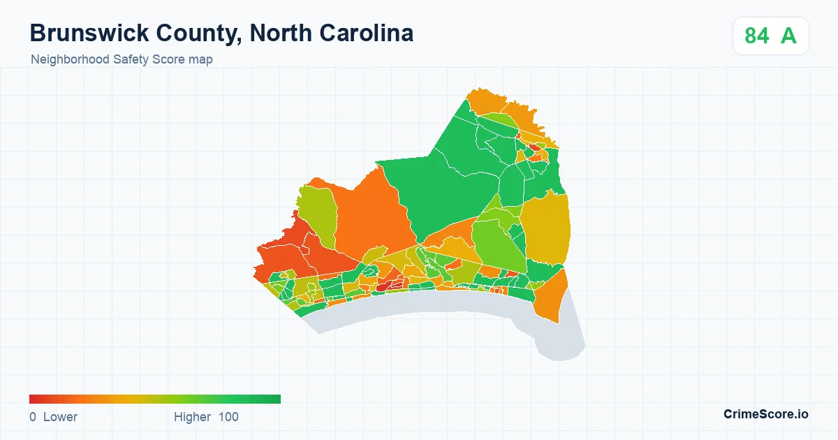 Brunswick County, North Carolina neighborhood Safety Score map by Census block group
