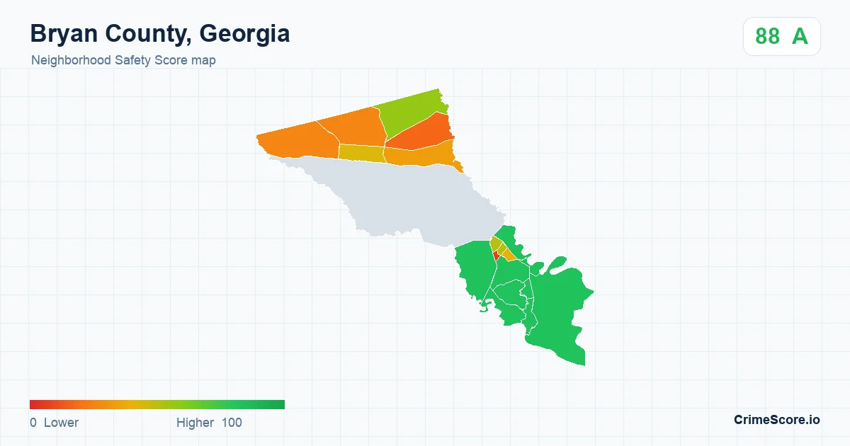 Bryan County, Georgia neighborhood Safety Score map by Census block group