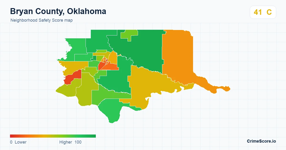 Bryan County, Oklahoma neighborhood Safety Score map by Census block group