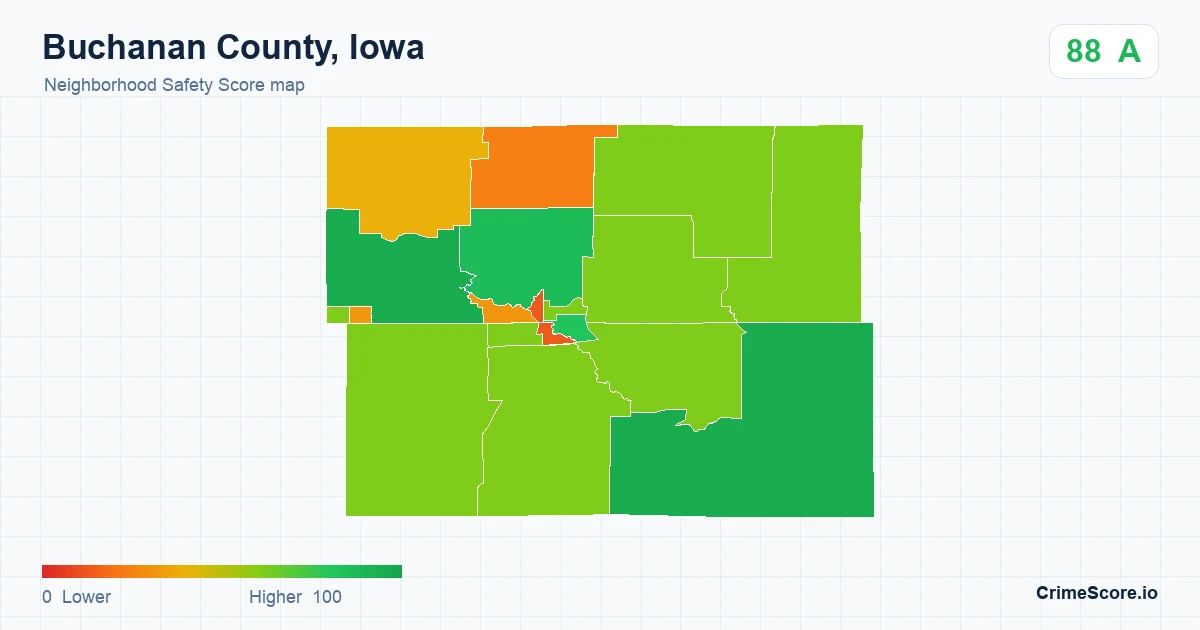 Buchanan County, Iowa neighborhood Safety Score map by Census block group