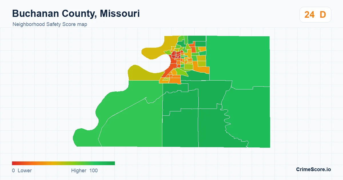 Buchanan County, Missouri neighborhood Safety Score map by Census block group
