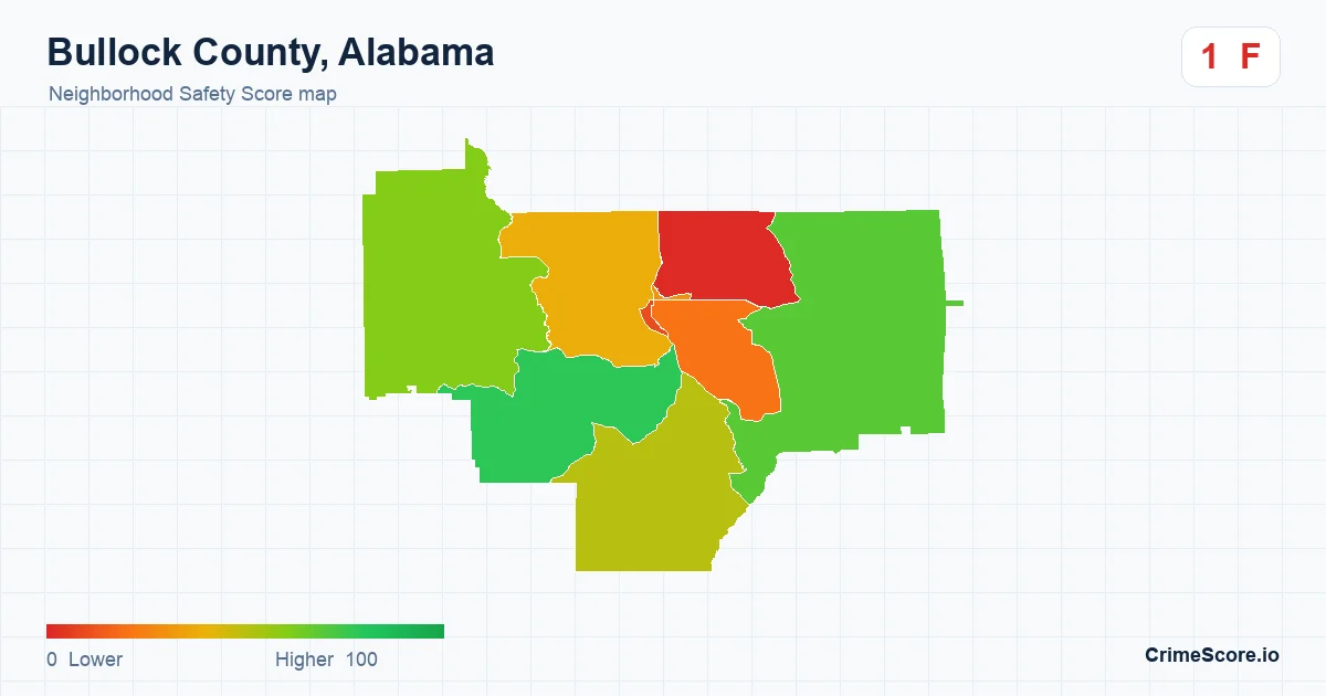 Bullock County, Alabama neighborhood Safety Score map by Census block group