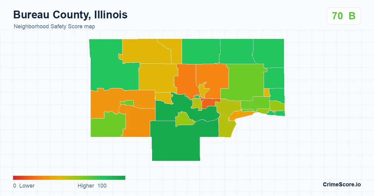 Bureau County, Illinois neighborhood Safety Score map by Census block group