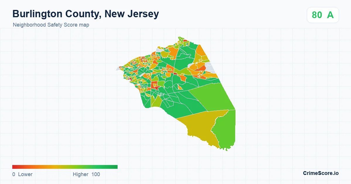 Burlington County, New Jersey neighborhood Safety Score map by Census block group