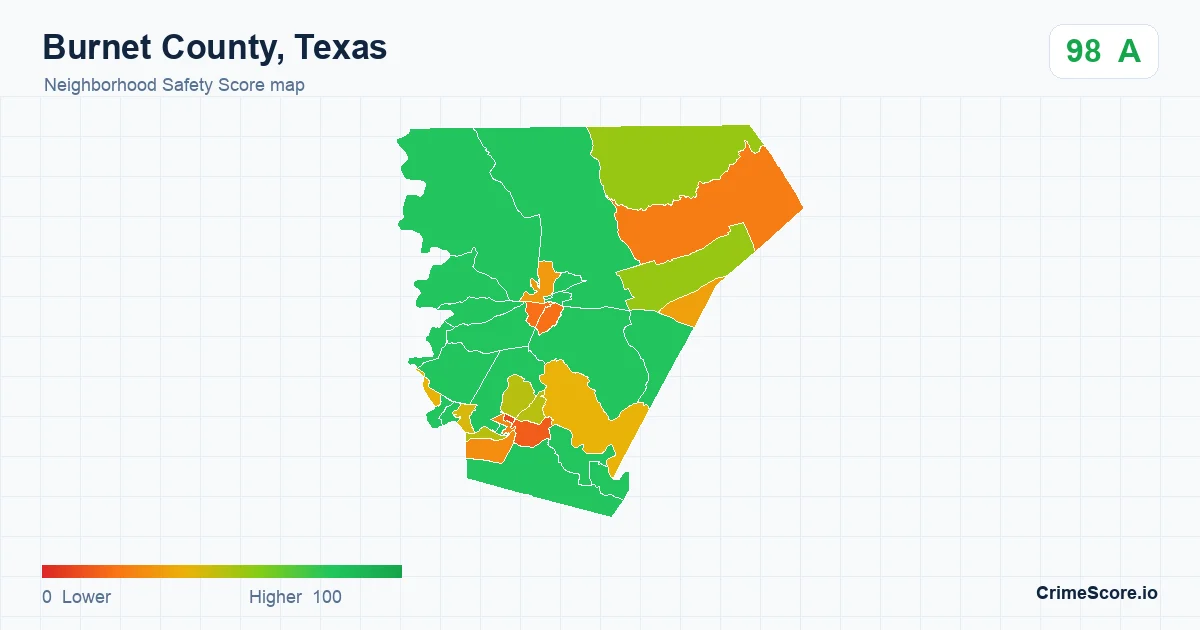 Burnet County, Texas neighborhood Safety Score map by Census block group