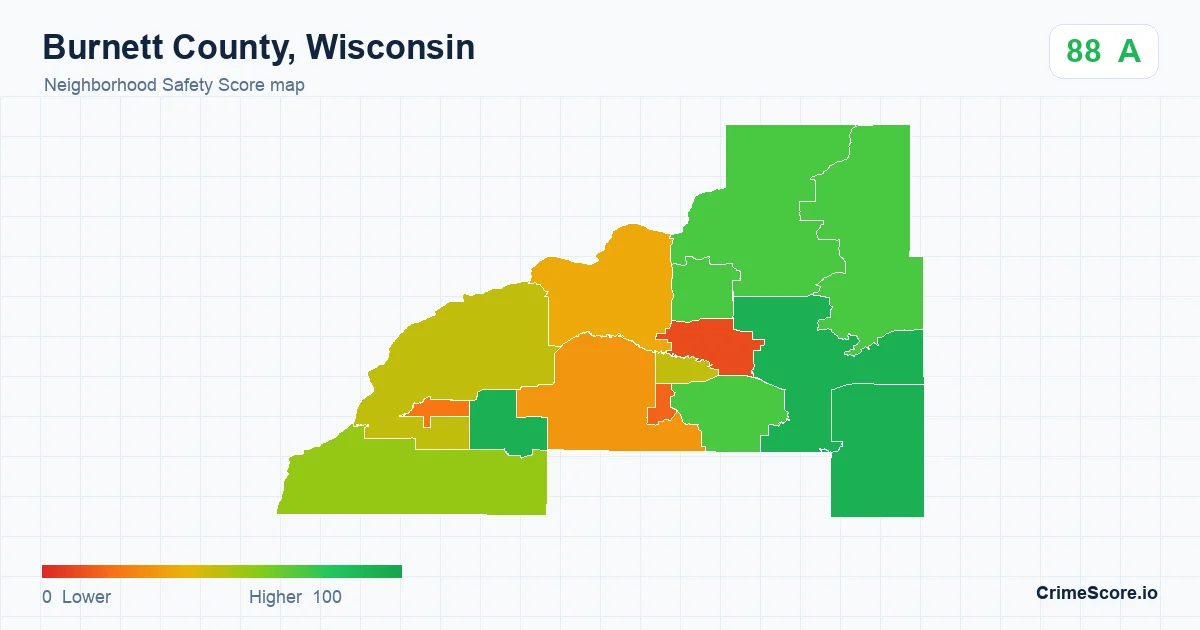 Burnett County, Wisconsin neighborhood Safety Score map by Census block group