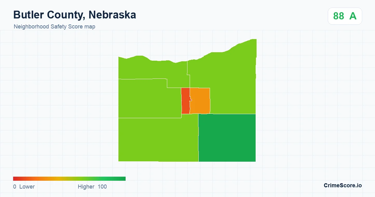 Butler County, Nebraska neighborhood Safety Score map by Census block group