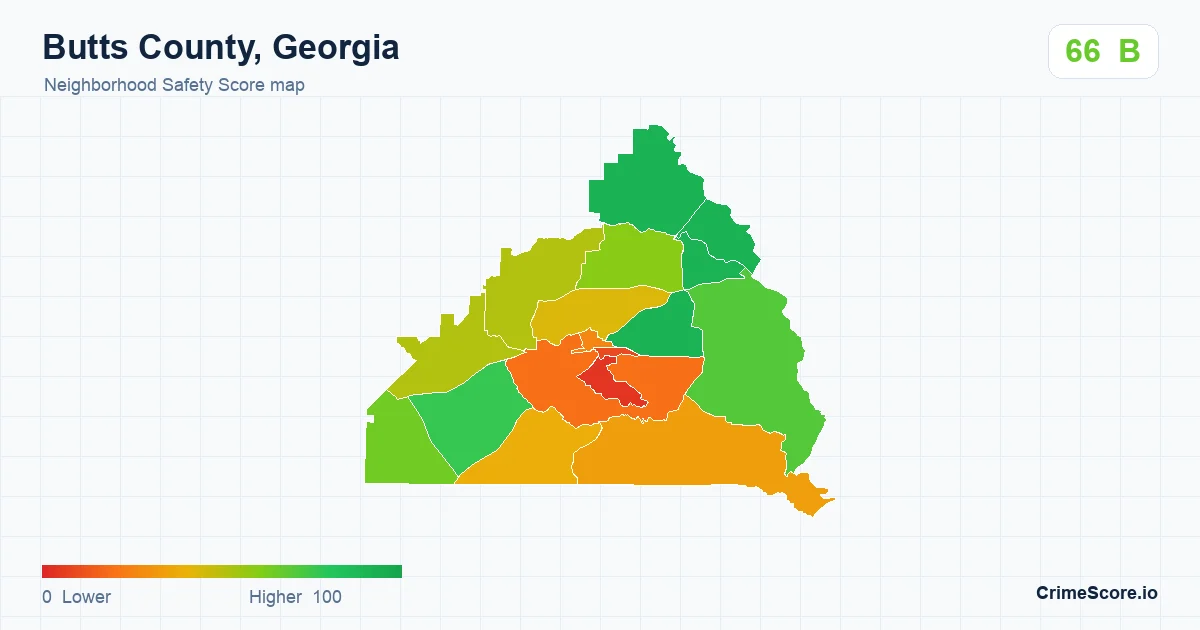 Butts County, Georgia neighborhood Safety Score map by Census block group