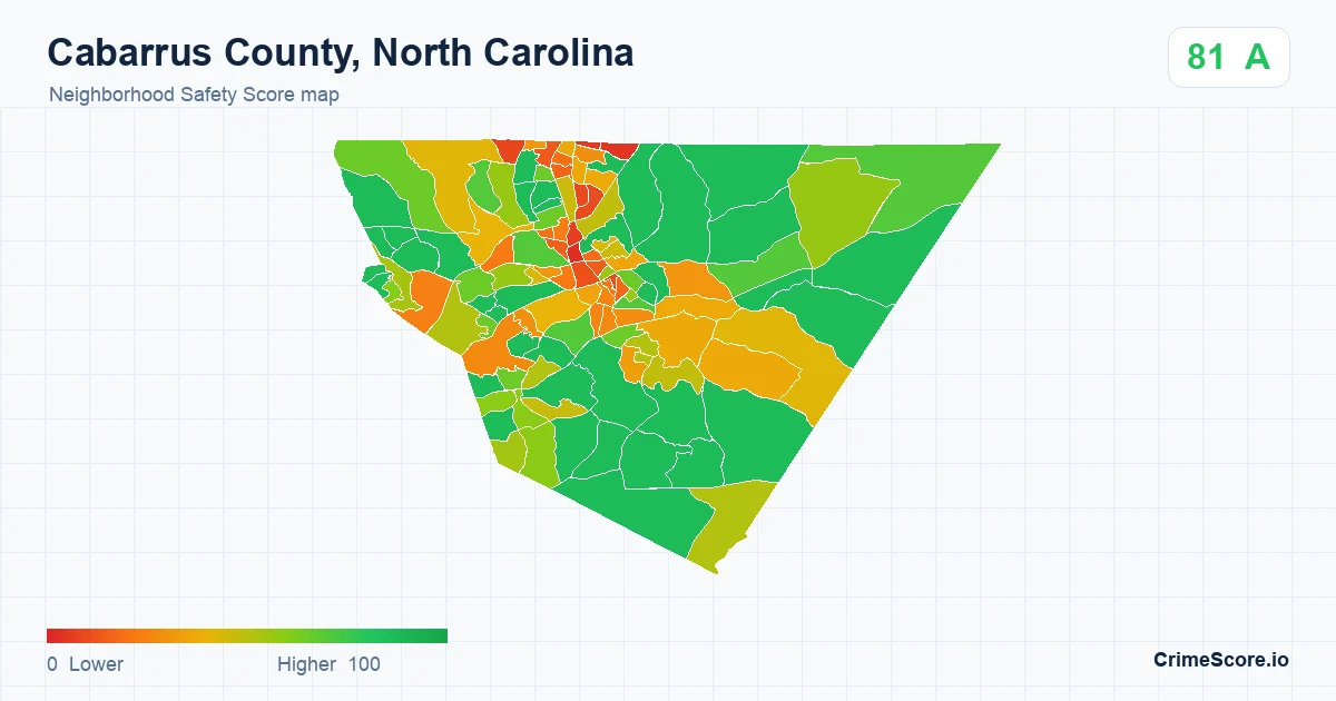 Cabarrus County, North Carolina neighborhood Safety Score map by Census block group