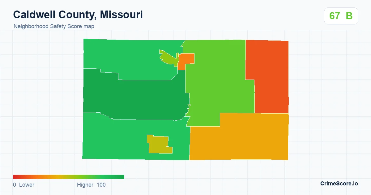 Caldwell County, Missouri neighborhood Safety Score map by Census block group