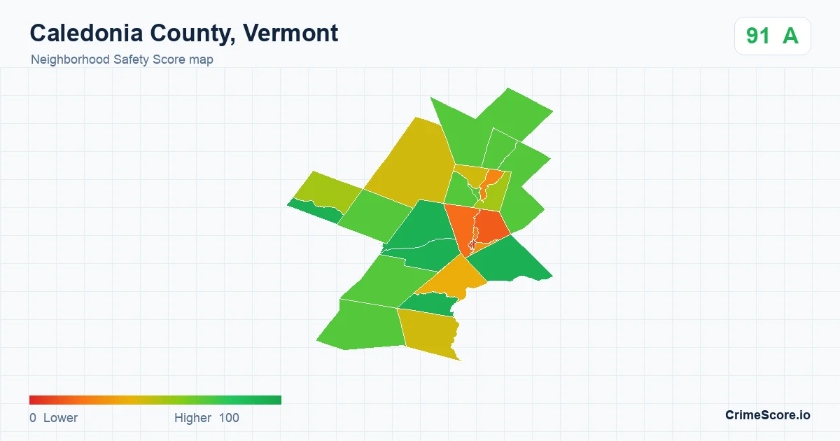 Caledonia County, Vermont neighborhood Safety Score map by Census block group