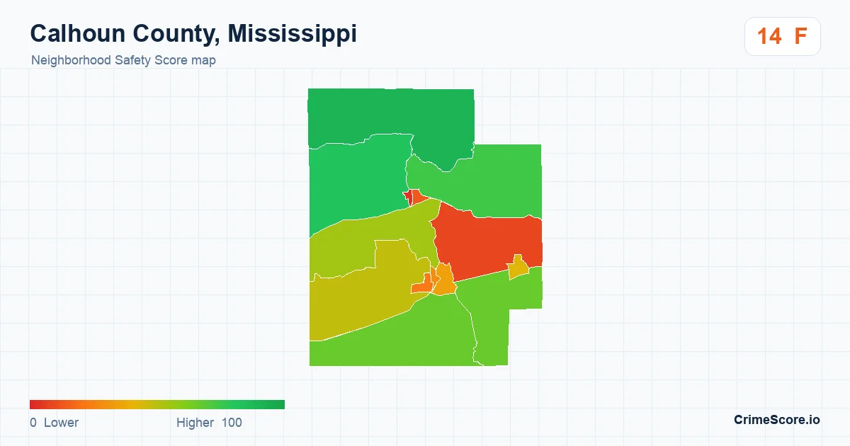 Calhoun County, Mississippi neighborhood Safety Score map by Census block group