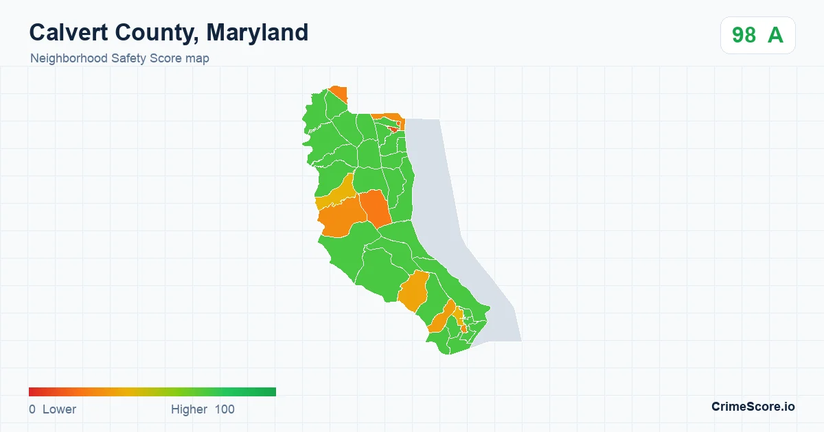 Calvert County, Maryland neighborhood Safety Score map by Census block group