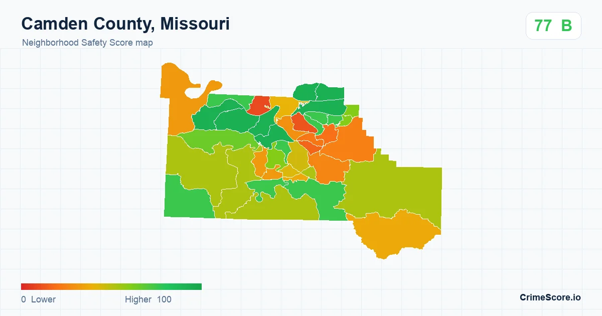 Camden County, Missouri neighborhood Safety Score map by Census block group