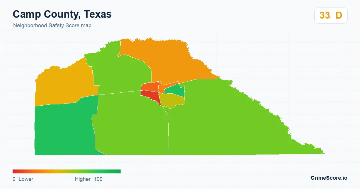 Camp County, Texas neighborhood Safety Score map by Census block group