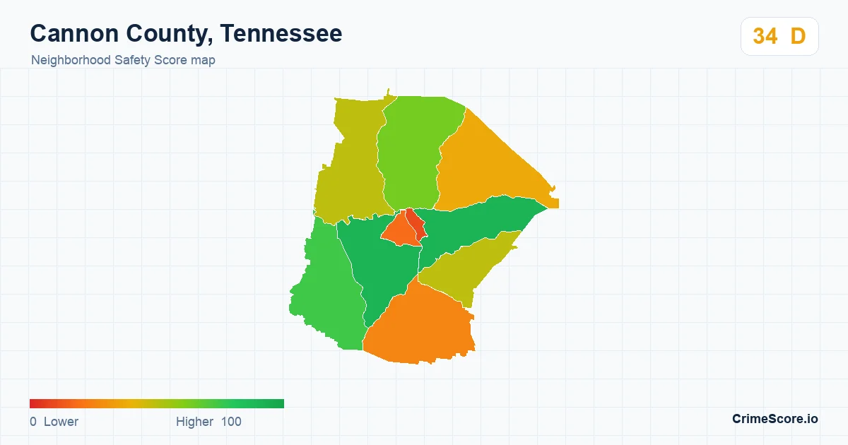 Cannon County, Tennessee neighborhood Safety Score map by Census block group