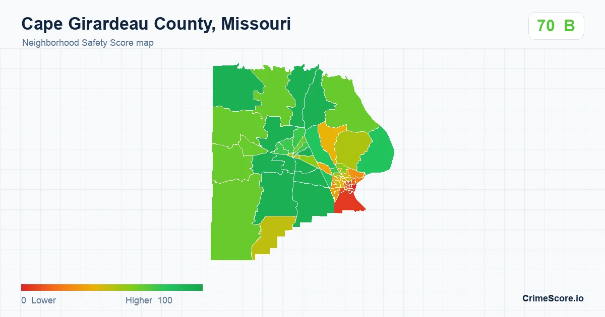 Cape Girardeau County, Missouri neighborhood Safety Score map by Census block group