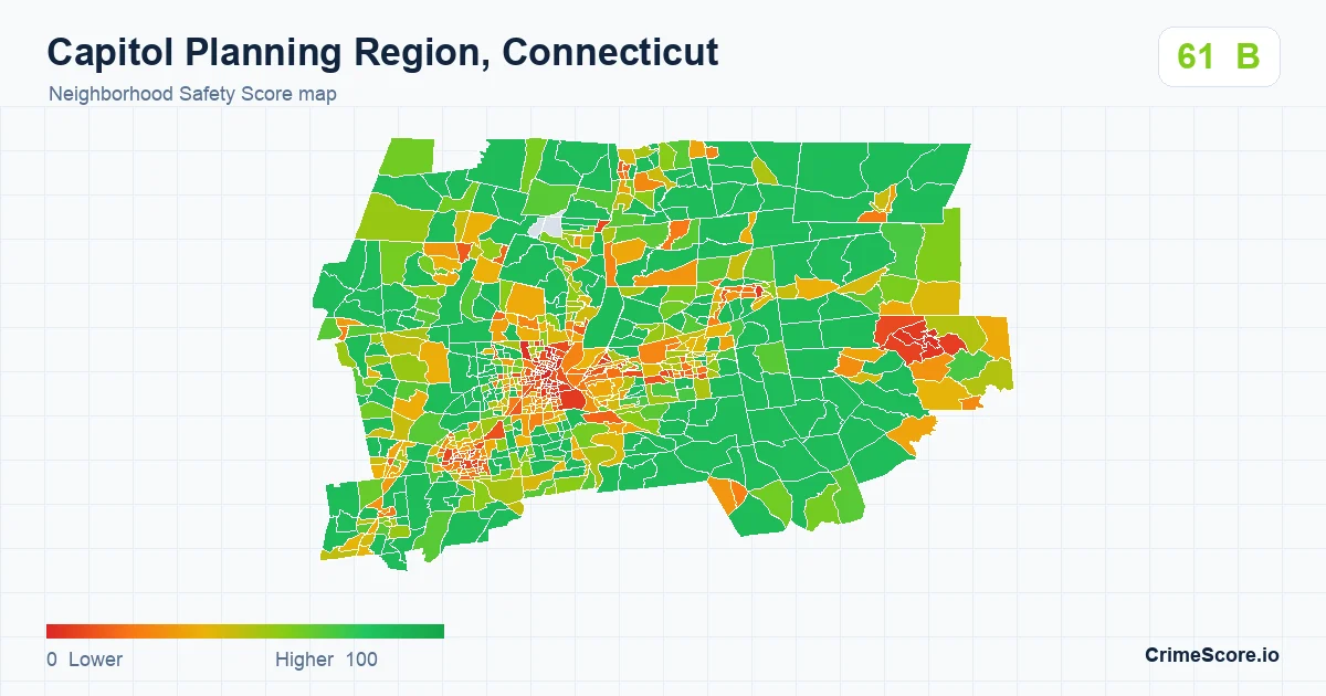 Capitol Planning Region, Connecticut neighborhood Safety Score map by Census block group