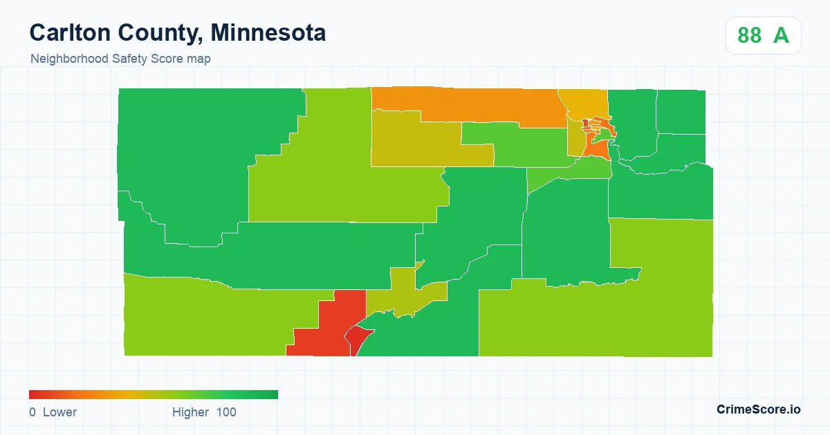 Carlton County, Minnesota neighborhood Safety Score map by Census block group