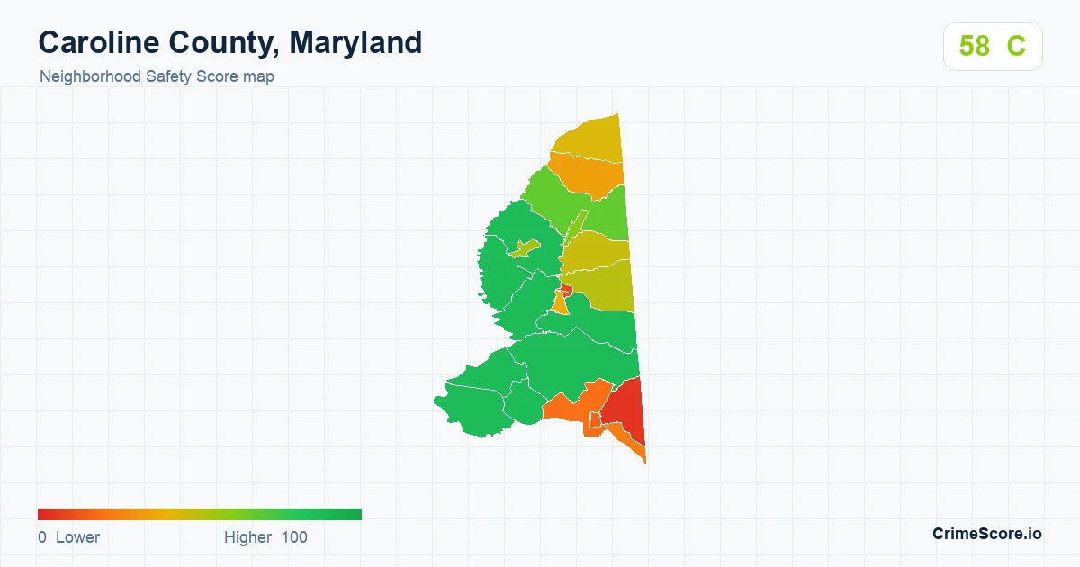 Caroline County, Maryland neighborhood Safety Score map by Census block group