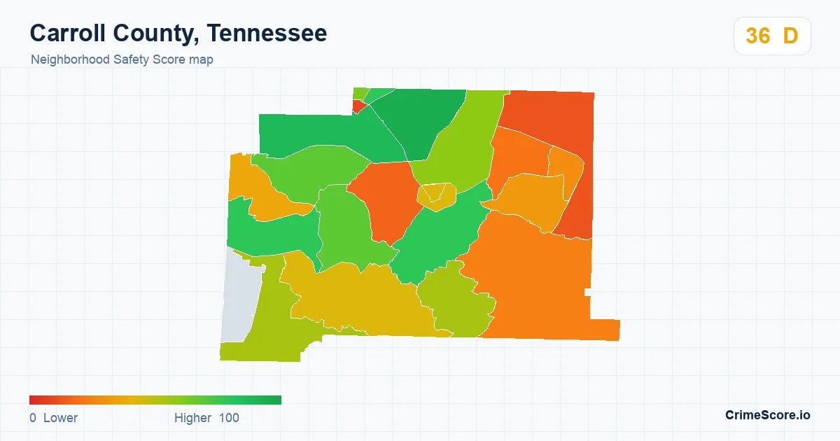 Carroll County, Tennessee neighborhood Safety Score map by Census block group