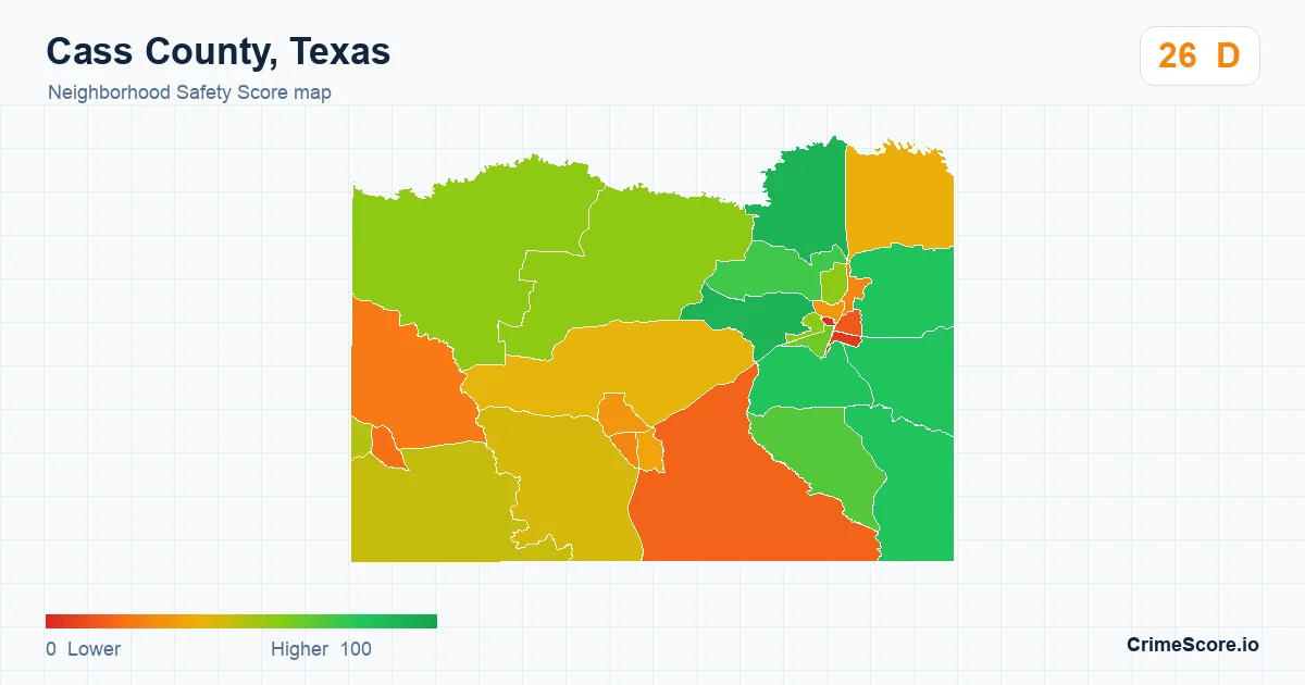 Cass County, Texas neighborhood Safety Score map by Census block group