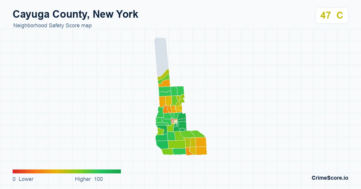 Cayuga County, New York neighborhood Safety Score map by Census block group