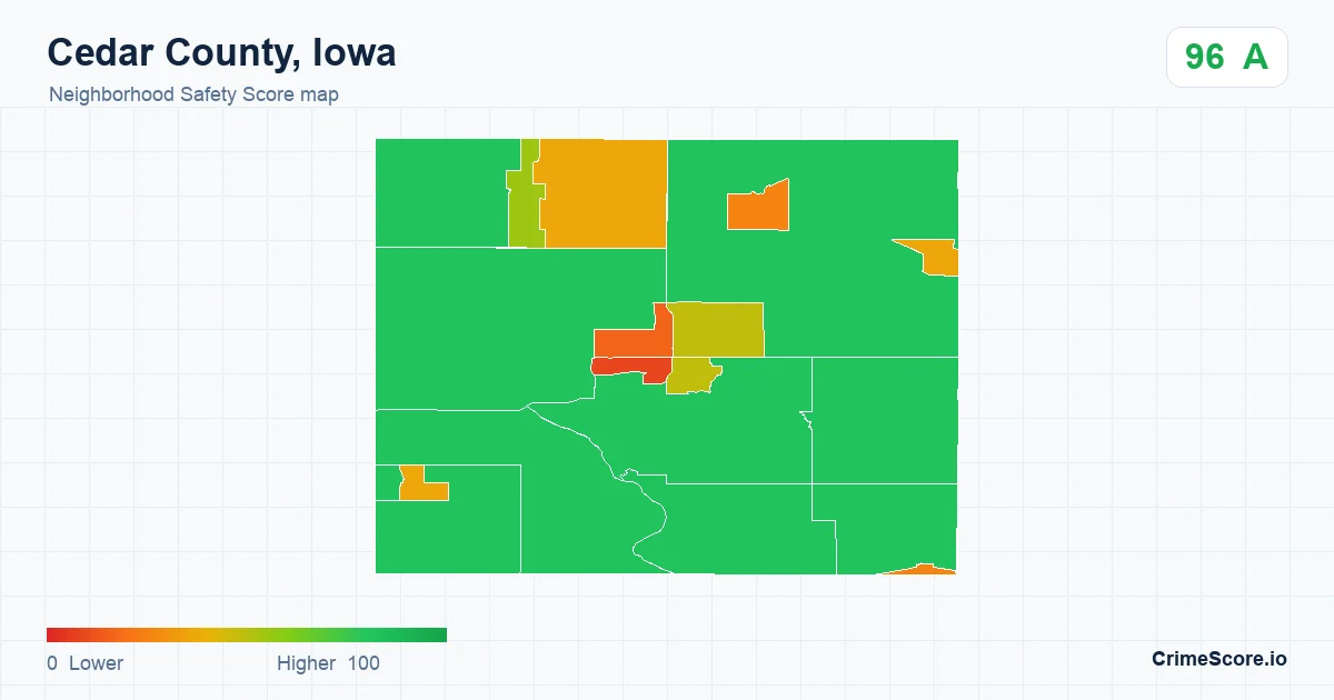Cedar County, Iowa neighborhood Safety Score map by Census block group