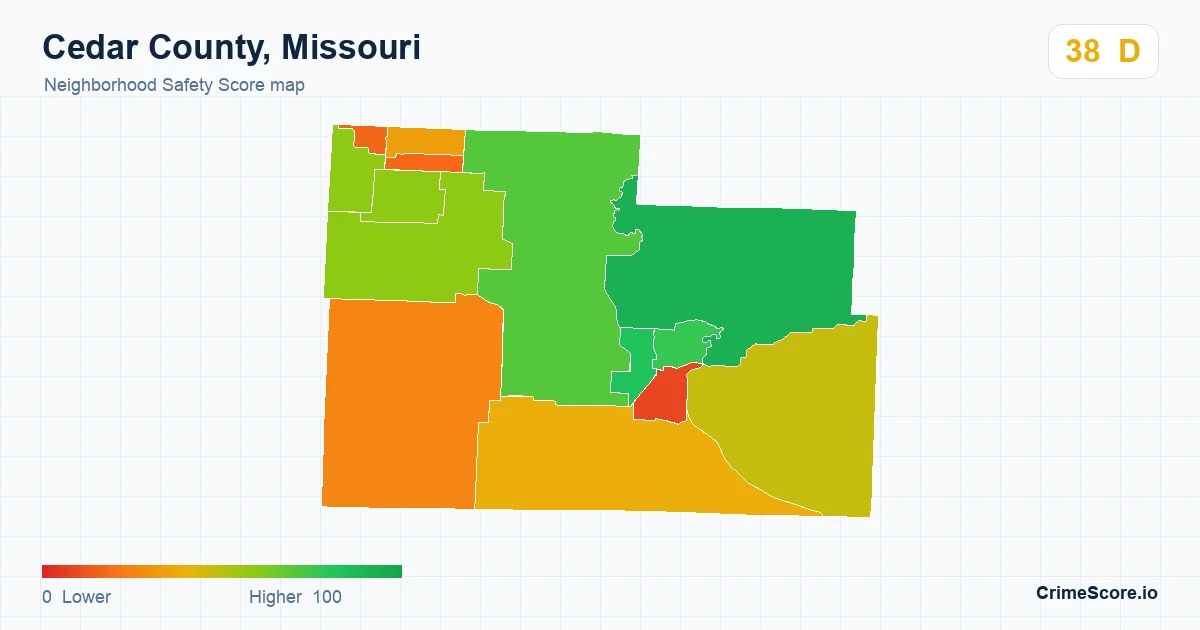 Cedar County, Missouri neighborhood Safety Score map by Census block group