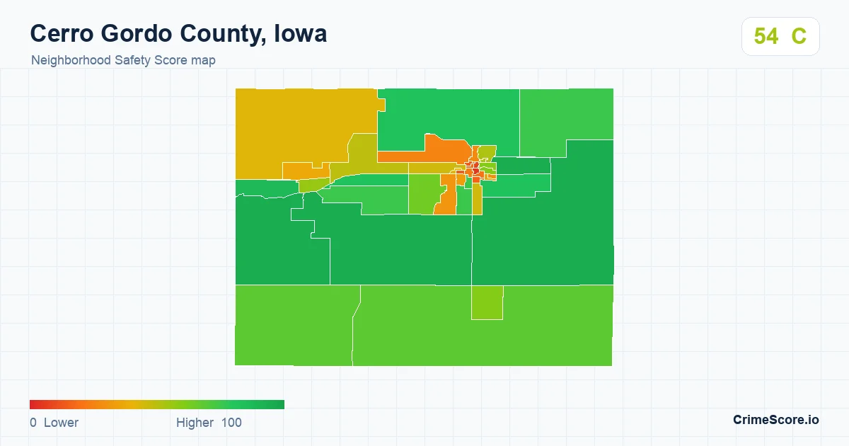 Cerro Gordo County, Iowa neighborhood Safety Score map by Census block group