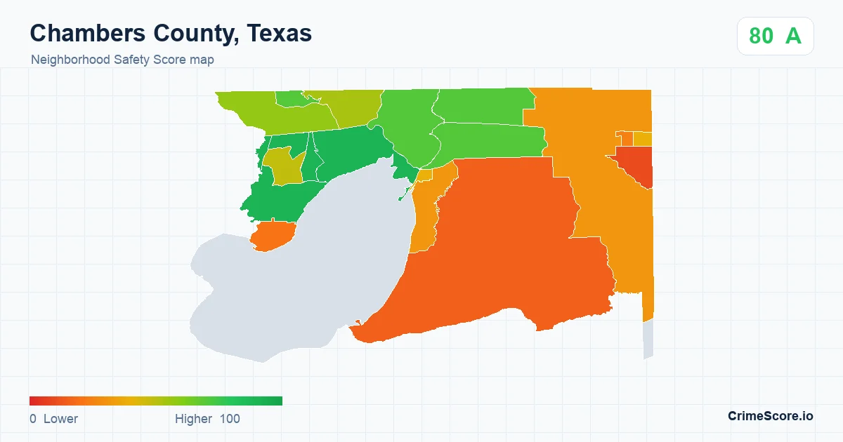 Chambers County, Texas neighborhood Safety Score map by Census block group