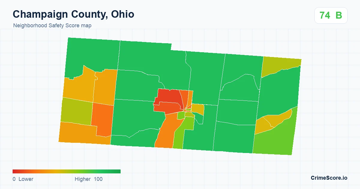 Champaign County, Ohio neighborhood Safety Score map by Census block group