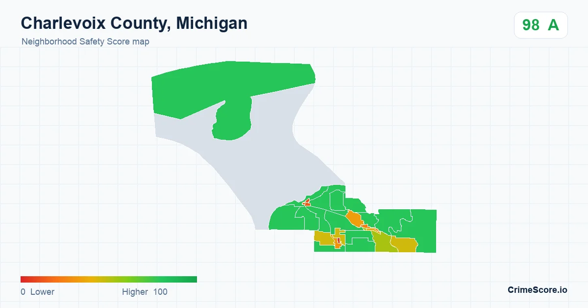 Charlevoix County, Michigan neighborhood Safety Score map by Census block group