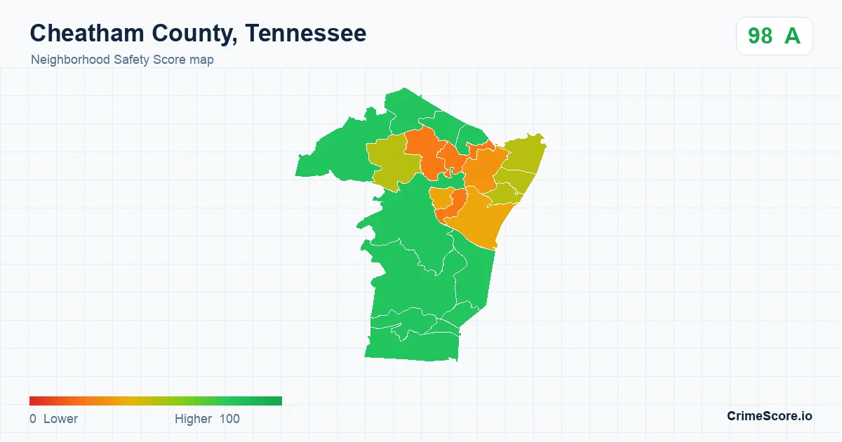 Cheatham County, Tennessee neighborhood Safety Score map by Census block group