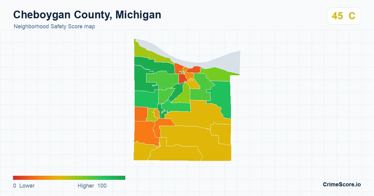 Cheboygan County, Michigan neighborhood Safety Score map by Census block group
