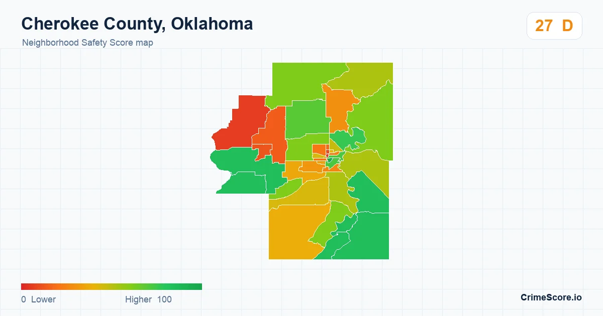 Cherokee County, Oklahoma neighborhood Safety Score map by Census block group