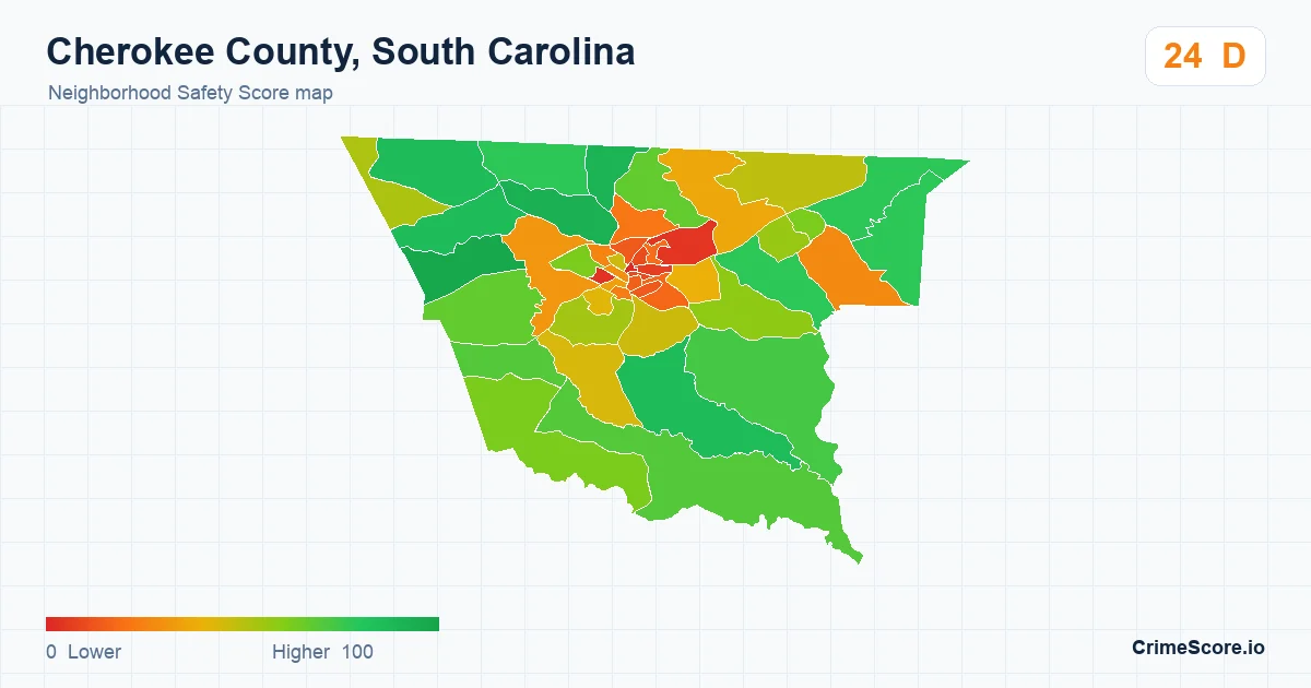 Cherokee County, South Carolina neighborhood Safety Score map by Census block group