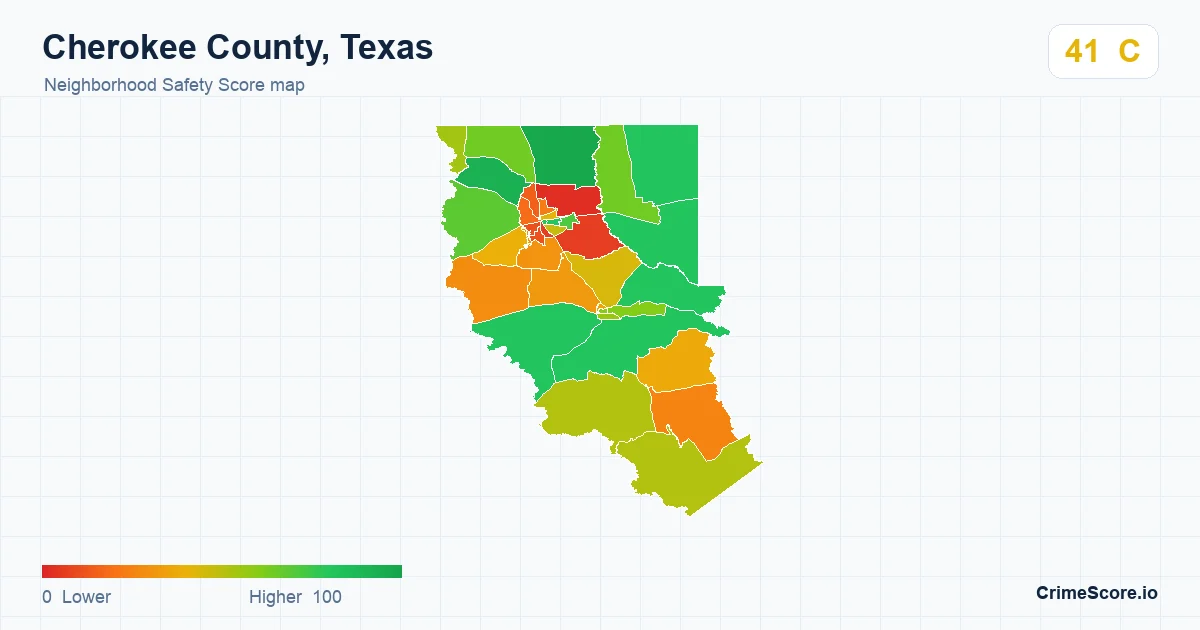 Cherokee County, Texas neighborhood Safety Score map by Census block group