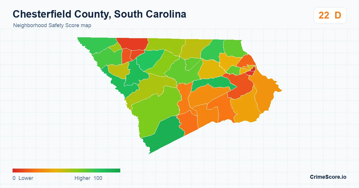 Chesterfield County, South Carolina neighborhood Safety Score map by Census block group