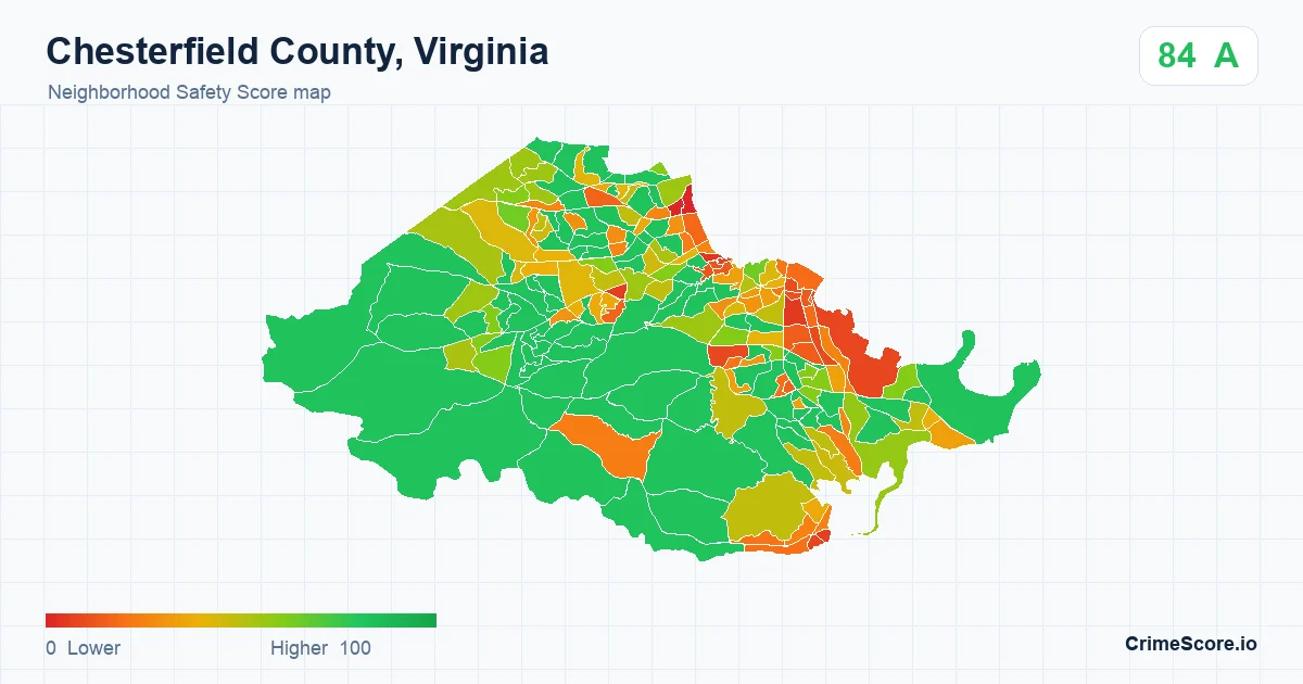 Chesterfield County, Virginia neighborhood Safety Score map by Census block group