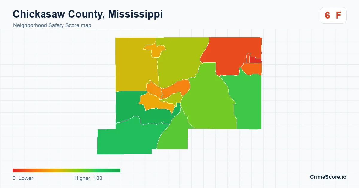 Chickasaw County, Mississippi neighborhood Safety Score map by Census block group