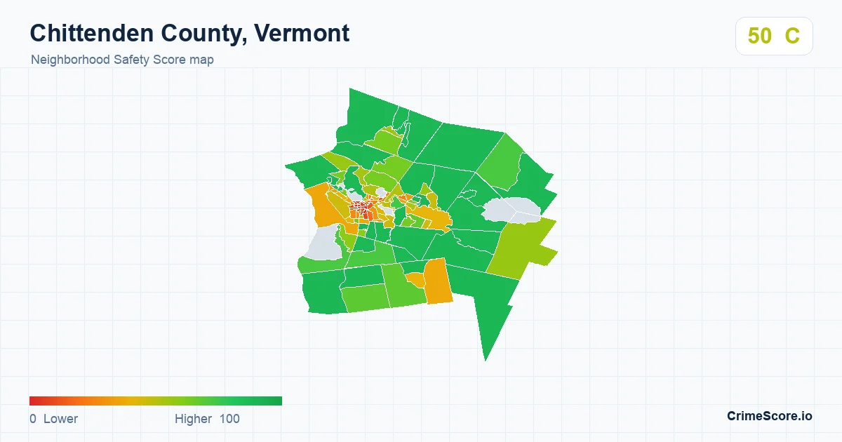 Chittenden County, Vermont neighborhood Safety Score map by Census block group