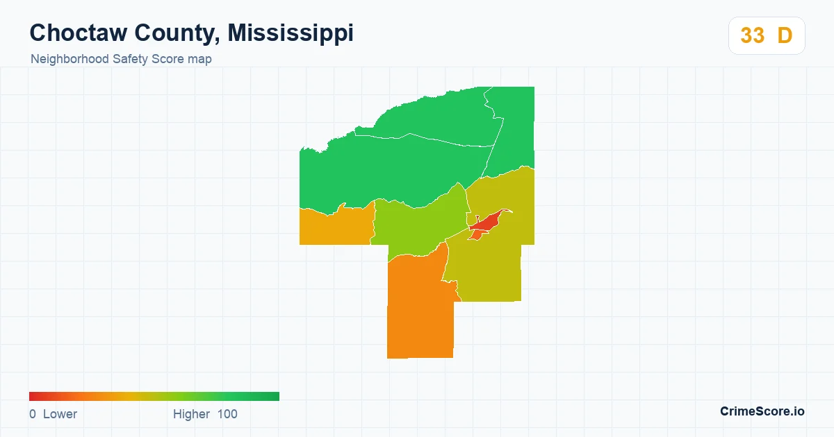 Choctaw County, Mississippi neighborhood Safety Score map by Census block group