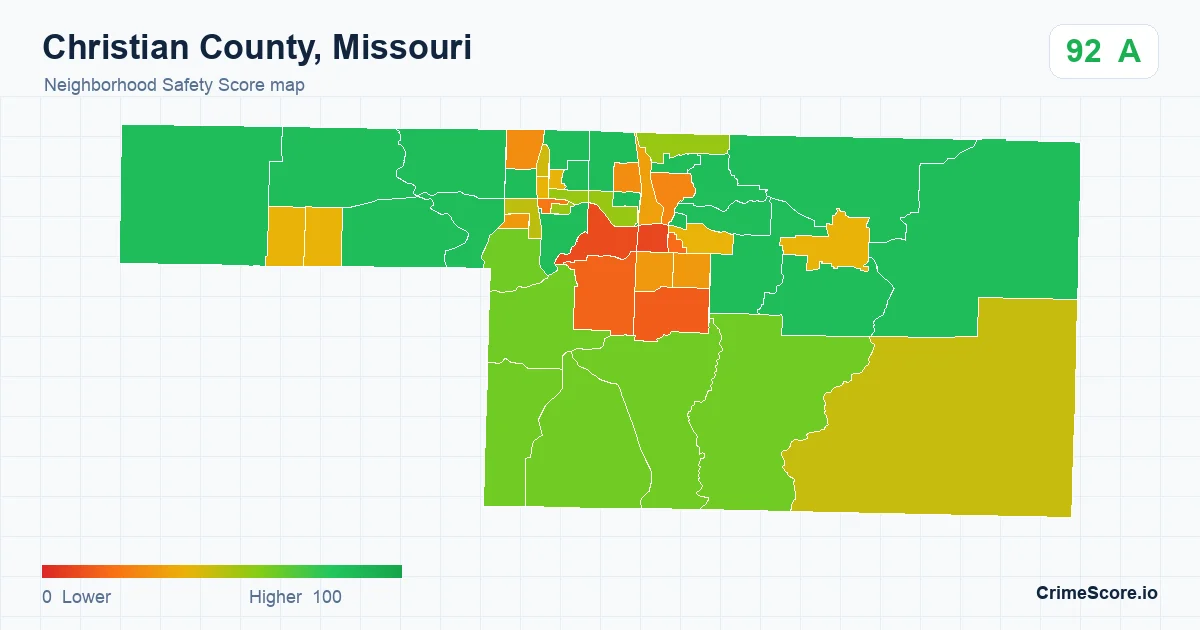 Christian County, Missouri neighborhood Safety Score map by Census block group