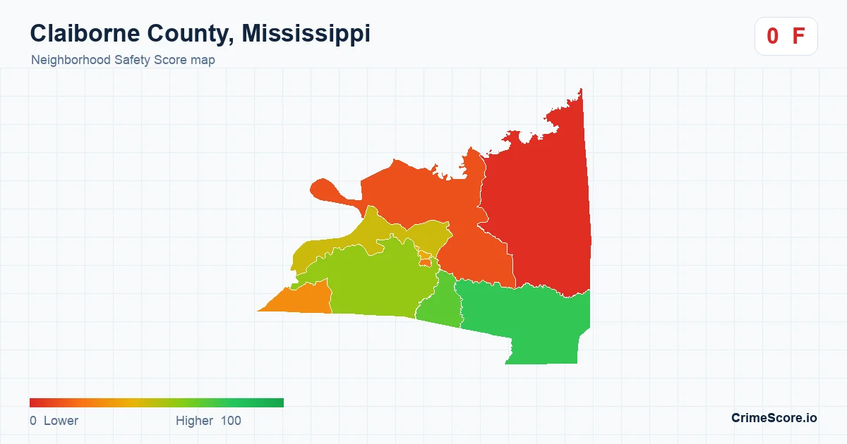 Claiborne County, Mississippi neighborhood Safety Score map by Census block group