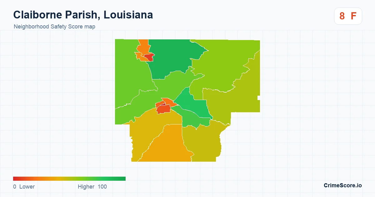 Claiborne Parish, Louisiana neighborhood Safety Score map by Census block group