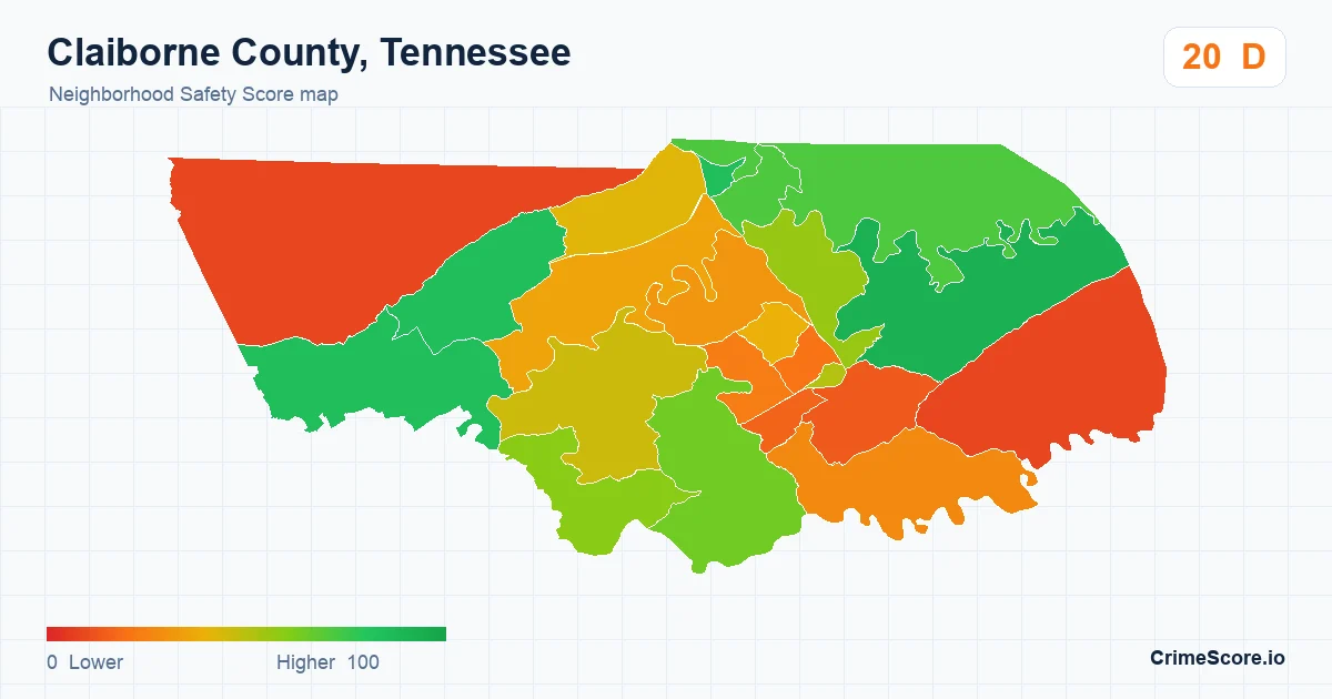 Claiborne County, Tennessee neighborhood Safety Score map by Census block group